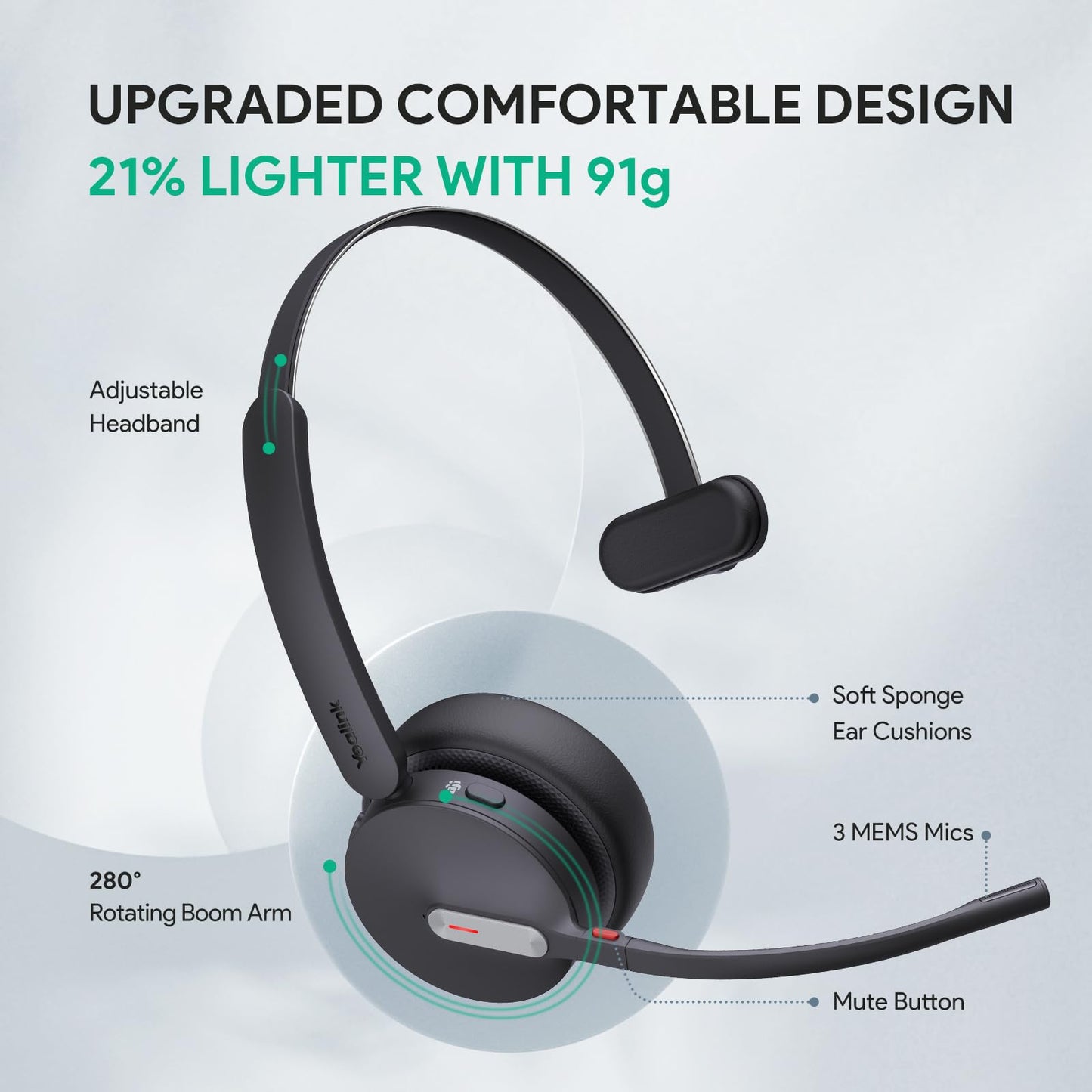 Yealink BH70 Mono Wireless Bluetooth Headset with Microphone for Work, up to 35h Talking Battery Life