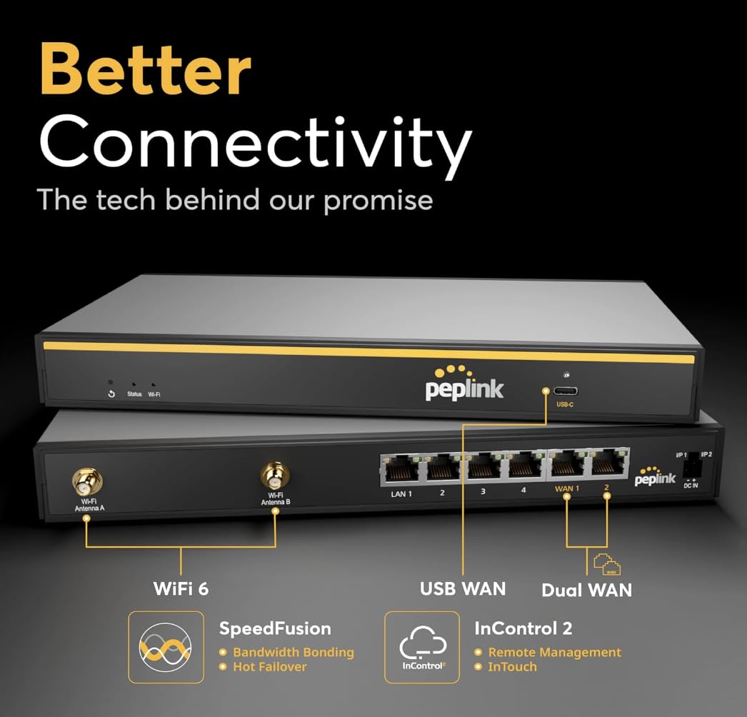 Peplink B-One Gigabit Dual WAN- Failover- WiFi Router for Wireless Internet | 1GBps Throughput | 2X WAN Port, 4X LAN Port, Dual-Band 2X2 MIMO Wi-Fi | WAN Smoothing for Small Office & Home Connectivity