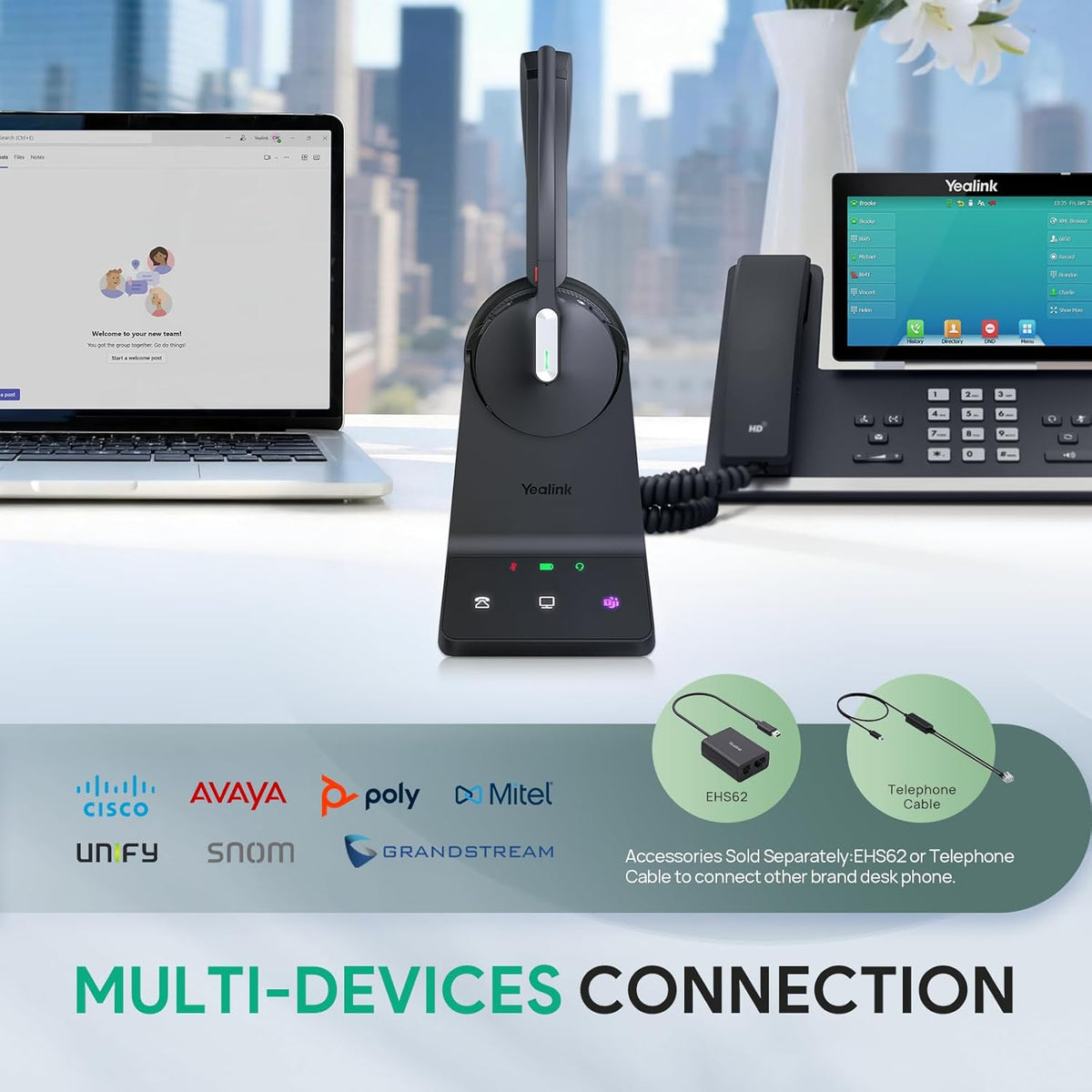 Yealink WH64 Mono DECT & Bluetooth Wireless Headset for Phone PC Cellphone