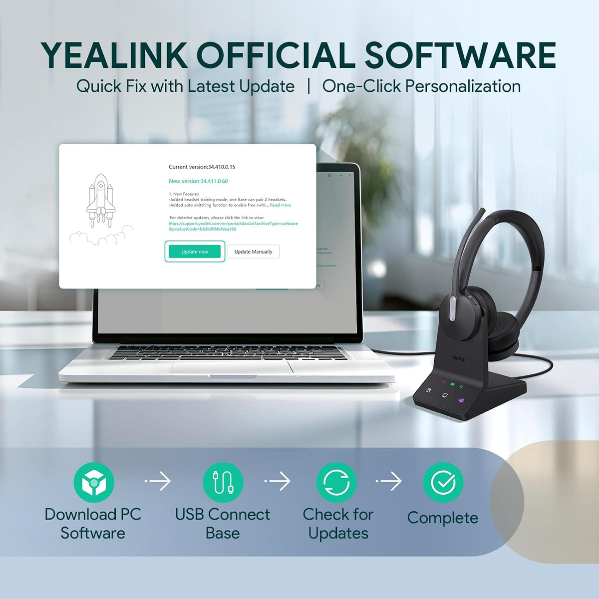 Yealink WH64 Mono DECT & Bluetooth Wireless Headset for Phone PC Cellphone